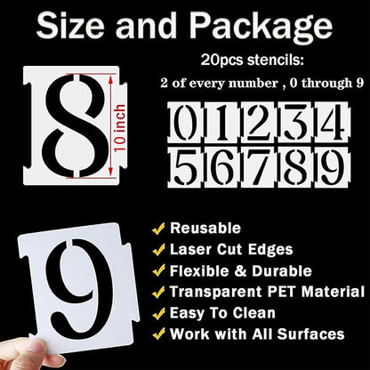 YEAJON 10 Inch Curb Stencil Kit 0-9 Address Number Stencils, 20Pcs Reusable 14 Mil Mylar Plastic Templates for Painting on Road, Wall, Wood, Mailbox