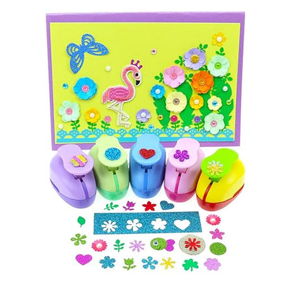 6 Pcs Colorful Craft Hole Punch with 10 Glitter Cardstock Papers, Decorative Scrapbook Paper Puncher Set, Different Shape Paper Hole Puncher Set for Office Supplies (6 Pcs- Different Shapes)