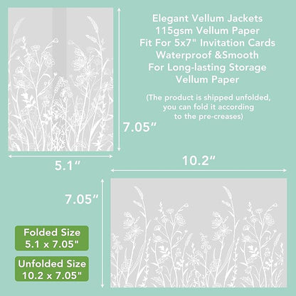 SWANGSA 100 Pack Vellum Jackets for 5x7 Invitations, Elegant White Wildflower Vellum Paper, 115GSM Translucent Invitation Sleeve Wraps for Wedding Bridal Baby Shower Birthday Envelopes