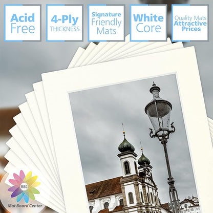 Mat Board Center, Pack of 10, 5x7 for 4x6 Ivory Turret Color Mats - Bevel Cut, Acid Free, 4-ply Thickness, White Core - for Pictures, Photos, Framing