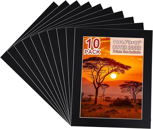 HOTUO 10 Pack Acid Free Black 11x14 Picture Frame Mats for 9x12, Pre-Cut with Ivory Core Bevel Cut, 4 Ply Thickness Photo Mat for Frames/Artwork/Prints/Pictures.
