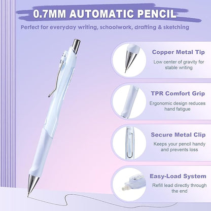 6-Pack 0.7mm Mechanical Pencils with Macaron Colors, Built-In Eraser, Copper Tip, Easy-Load Lead, Metal Clip, Soft Grip, for School, Office, Sketching, Drafting