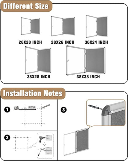 36"x24" Enclosed Bulletin Board, Lockable Weather-Resistant Aluminum Cork Noticeboard for School & Office, Silver Frame w/Grey Flet