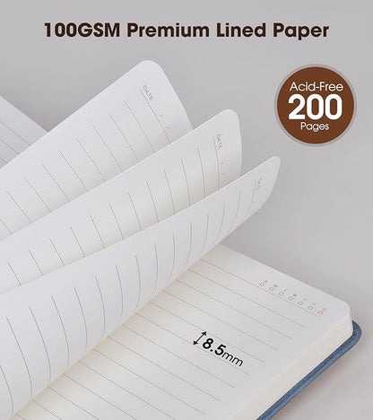 Blue A5 Lined Leather Journal Notebook for Men Women,5.9" X 8.4" Personalized Hardcover Journal with Pen,200 Pages 100 Gsm Thick Ruled Paper Daily Diary for Travel,Business,Work,Writing