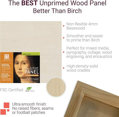 Ampersand Art Supply Unprimed Basswood Artist Panel, 7/8" Cradled Profile 16"x16"