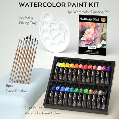 Nicpro Watercolor Paint Set for Adults, Beginner & Artists, 24 Tubes Water Color Paint Set with 25 Watercolor Paper, 8 Squirrel Paint Brushes, Palettes, Color Wheel, Art Painting Supplies