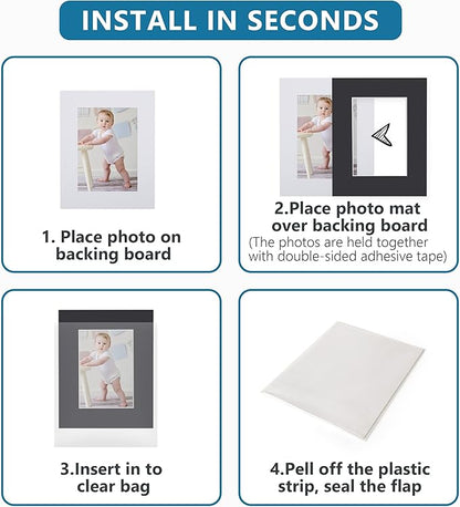 Somime 10 Pack Black Picture Frame 11x14 Mat Board,White Core Bevel Cut Mats 8.5x11, Whole Frame Mat Kit Includes 10 Picture Photo Mattes & 10 Backings & 10 Krystal Sleeve Bags