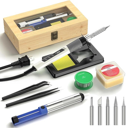 Soldering Iron Kit, 190W Soldering Gun, 110V LED Solder Kit for Electronics, Adjustable Temperature 356-932℉, Includes Solder Wire, Sucker, Tips, Stand, Tweezers, Paste and Solid Wood Box, White