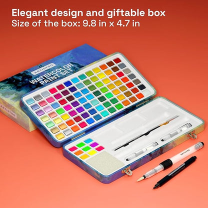 ARTISTRO Watercolor Paint Set, 100 Vivid Colors in Portable Box, Palette set Including Metallic, Fluorescent, Pastel Colors. Perfect Travel Watercolor Set for Artsits, Amateur, Hobbyists and Painting Lovers