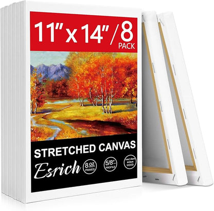 ESRICH Stretched Canvas for Painting, 8 Pack Canvases for Painting 11x14, 5/8 in Profile Primed White Painting Canvas for Oil & Acrylic Paint.