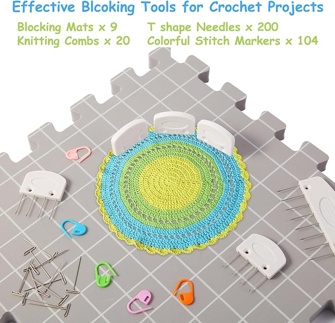 MEVOME Blocking Mats for Knitting with 20pcs Knitting Blockers 200 T-pins 104 Locking Stitch Markers, Extra Thick Block Boards with Grids Storage Bag for Needlepoint Crochet - Pack of 9 (Gray)