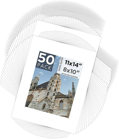 Mat Board Center, Pack of 50, 11x14 for 8x10 White Picture Mat Sets - Acid Free, 4-ply Thickness, Bevel Pre-Cut White Core - Includes Backing Boards and Clear Bags - for Pictures, Photos, Framing