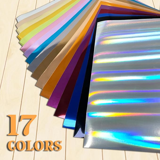 Sheet Metallic Foil Heat Transfer Vinyl Bundle – 12"x10"-17 Chrome HTV Pack in 17 Vibrant Colors for Stunning T-Shirt Designs! Perfect for DIY Enthusiasts and Professionals (Multicolours)