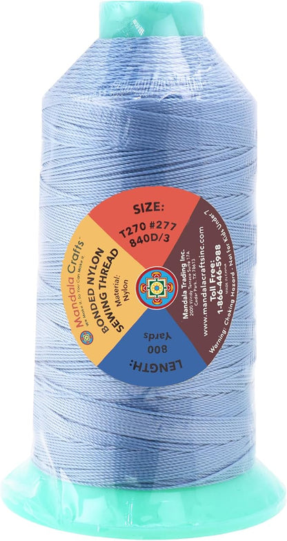 Mandala Crafts Bonded Nylon Thread Light Blue Heavy Duty Sewing Threads - 800 YDs Size 277 840D T270 Tex 270 Thread for Leather Jeans Weaving Outdoor Marine Upholstery Threads