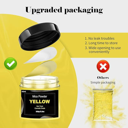 Yellow Mica Powder Pigment(100g) Big Bottle Pigment Powder Multipurpose DIY Arts and Crafts Additive, Woodworking, Epoxy, Resin, Natural Bath Bombs, Paint, Soap,Nail Polish, Lip Gloss(Yellow, 3.5oz)