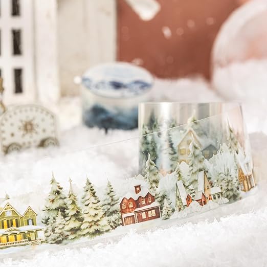6 Rolls Winter PET Tape Set, Landscape Stickers for Journaling, Scrapbooking, and DIY Crafts, with Decorative Clip