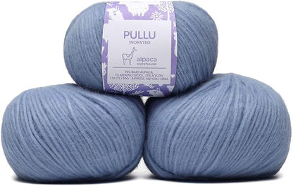 Pullu - Baby Alpaca Merino Wool Yarn Set of 3 Skeins (150 Grams) Worsted Weight - Sourced Directly from Peru - Heavenly Soft and Perfect for Knitting and Crocheting (Soft Blue)