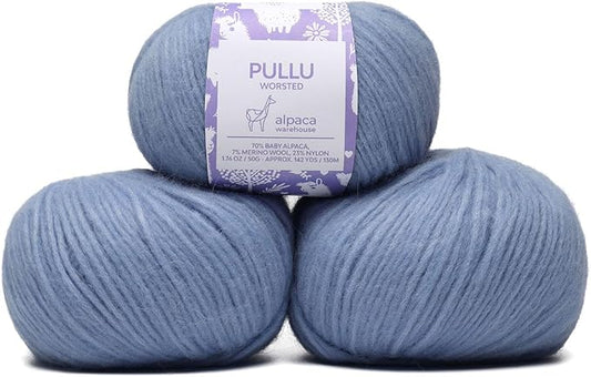 Pullu - Baby Alpaca Merino Wool Yarn Set of 3 Skeins (150 Grams) Worsted Weight - Sourced Directly from Peru - Heavenly Soft and Perfect for Knitting and Crocheting (Soft Blue)