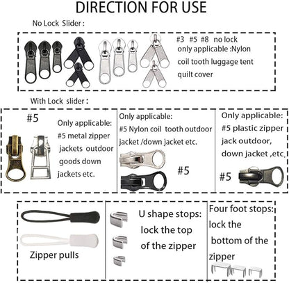 JOSDIOX 255-Piece Zipper Repair Kit – Replacement Sliders (#3, #5, #8), Install Pliers Tool, and Zip Extension Pulls for Jackets, Luggage, Backpacks, Tents, and Sleeping Bags