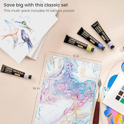 ARTEZA Canvas Boards for Painting, 11 x 14 Inches, Pack of 14, Blank White Canvas Panels for Acrylic, Oil, Gouache & Tempera Painting