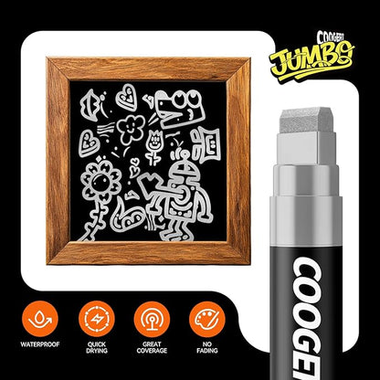3Pcs Silver Jumbo Poster Markers, 15MM Thick Permanent Acrylic Graffiti Markers, Wide Tip Paint Marker for Canvas, Posters Board, Fabric, Window, Glass, Wood, Teachers,Banner painting supplies
