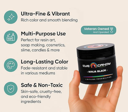 Eye Candy Premium Mica Powder Pigment “Ninja Black” (25g) Multipurpose DIY Arts and Crafts Additive | Woodworking, Epoxy, Resin, Bath Bombs, Paint, Soap, Nail Polish, Lip Balm (Ninja Black, 25G)