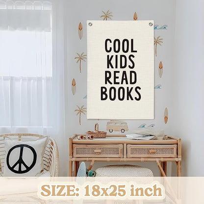 Reading Corner Decor for Classroom,Reading Nook for Kids,Cool Kids Read Books Linen Canvas Banner, Read Corner, Book Lover Gift,School Library Wall Hanging Flag Banner 18x25 Inch