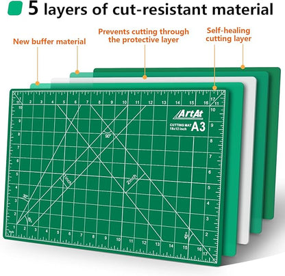 ArtAt Self Healing Cutting Mat: 【5 Pack Cutting Mat 12″x 18″】 Green Double Sided Non-Slip 5 Layers PVC Durable Craft Sewing A3 Mat for Rotary Cutter