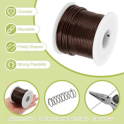 MECCANIXITY 12 Gauge Anodized Aluminum Craft Wire Bendable Bonsai Training Wire 98 Feet 2mm for Sculpting Crafts Wreath Floral Beading Jewelry Making, Brown