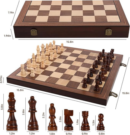 Premium Wooden Chess Set with Protective Carry Bag - 15" Folding Chess Board & Chess Pieces - Classic Strategy Game for Adults & Kids for Chess Lovers, Beginners