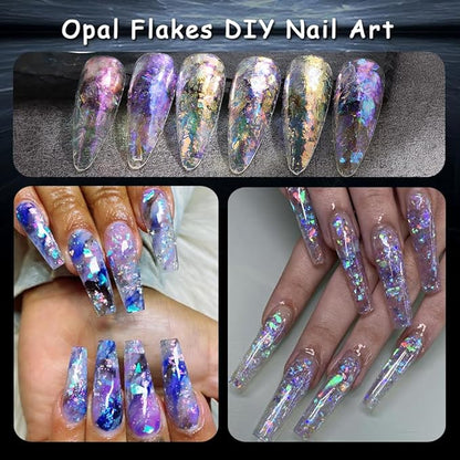 Holographic Opal Nail Art Glitter Flakes, 6 Colors Aurora Iridescent Pigment Powder Irregular Ice Crystal Mermaid Paillettes Sparkly Chunky Glitter Sequins for DIY Manicure Nail Decorations