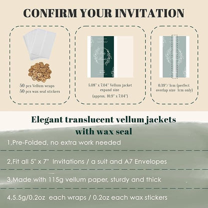 UNIQOOO 50 Sets Pre-Folded Vellum Jackets for 5x7 Invitation & Gold Eucalyptus Wax Seal Stickers, Wedding Invitations Wraps Bulk for Wedding Bridal Baby Shower Envelopes