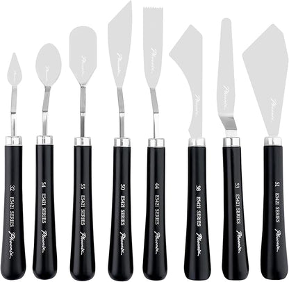 PHOENIX High Flexible Palette Knife Set, 8 Pieces Stainless Steel Painting Knives (32,54,55,50,44,56,53,51) Art Knife with Wood Handle, Paint Spatula for Oil Acrylic Paint