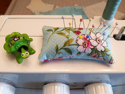 Emery Pincushion for Sewing, Quilting, Felting - Pin Cushion Filled with Abrasive Turkish Emery Sand - Handmade in USA - Pink Floral on Navy Blue Background (2"x3", Tropical Floral Burst)