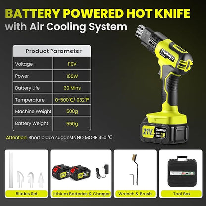 Huanyu Cordless Hot Knife with Temp. Display 100W Max 500℃ 3.0Ah Battery Powered Air Cooling Cutting Tool 4 Blades Set Electric Hot Knife Foam Cutting Tool Craft Shears for Rope, Fabric, Acrylic