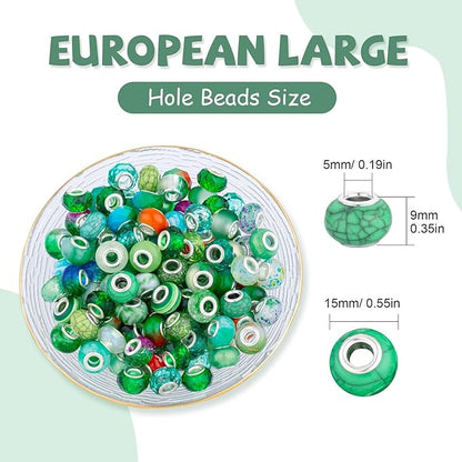 LAIDANLA Green Mix Large Hole Beads, 100pcs 15mm x 5mm Round Resin, Plastic, Acrylic Loose Beads for Jewelry Making, Bracelet, Necklace, Earrings, Keychain, DIY Gifts