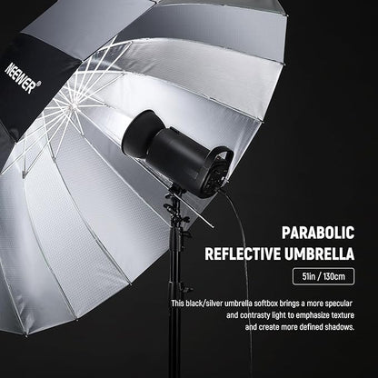 NEEWER 51"/130cm Parabolic Reflective Umbrella Photography with Silver Inner, Soft Lighting with Diffuser Cover, Bag, Quick Fold for Camera Photo Studio Video Light Shooting Monolight Flash, NS2U