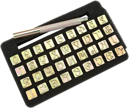 Yoption 37 Pieces Leather Stamping Tool Set, 26 Letters Alphabet & 10 Numbers Stamps Steel Punch Tool 9mm + 1 Stamping Handle for Leather Craft