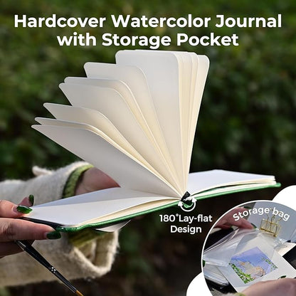 Funto Watercolor Journal, 3.5x5.5, 2 Pack, 24 Sheets Each, Green Cloth Cover, 110lb/230gsm, Suitable for Techniques and Mixed Media