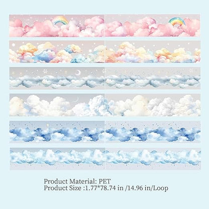 PET Tape Set for Journaling,6 Rolls Cloud Theme Washi Tape Stickers for Scrapbook Supplies,Notebook,Photo Album,Junk Journal,DIY Crafts(Fig. High in The Clouds)