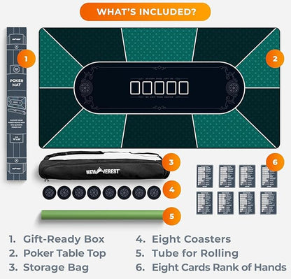 Newverest Poker Table Top 70" x 35", Texas Hold'em Poker Mat for Home Game Nights Up to 10 Players, Blackjack, Casino | Poker Topper for Tables in Zipper Storage Bag with 8 Coasters in Gift-Ready Box