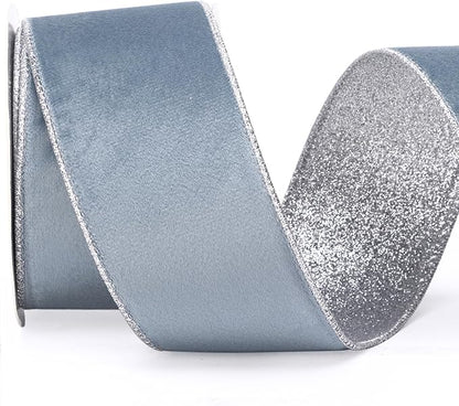 Ribbli Dusty Blue Velvet Wired Ribbon 2.5 Inch Dusty Blue Velvet with Silver Glitter Christmas Ribbon for Christmas Tree Decoration Big Bow Gift Wrapping Crafts Wreaths Supplies- 10 Yards