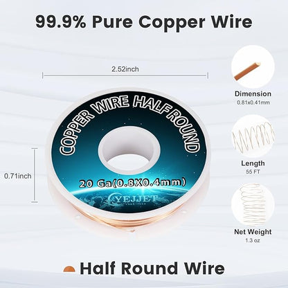 20 Gauge Half-Round Copper Wire 0.81x0.41mm - 1.3 oz (55 Feet) Pure Copper Craft Wire for Sculpting & Circuitry