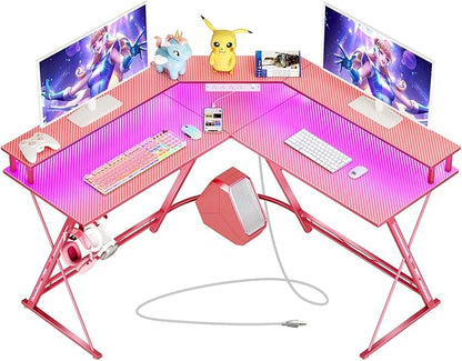 SEVEN WARRIOR Gaming Desk 50.4” with LED Light & Power Outlets, L-Shaped Gaming Desk Carbon Fiber Surface with Monitor Stand, Ergonomic Gamer Table with Headphone Hook, Pink