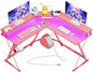 SEVEN WARRIOR Gaming Desk 50.4” with LED Light & Power Outlets, L-Shaped Gaming Desk Carbon Fiber Surface with Monitor Stand, Ergonomic Gamer Table with Headphone Hook, Pink