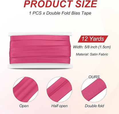 MECCANIXITY Double Fold Bias Tape for Sewing 5/8 Inch x 12 Yards Satin Pre-fold Continuous Binding Tape for Seaming Quilting Hemming Binding DIY Crafts, Rose Red