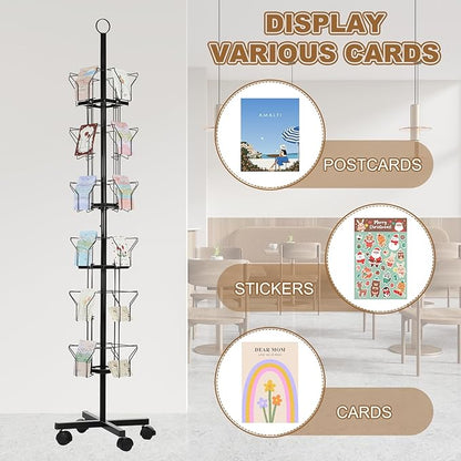 PATIKIL 6 Tier Rotating Greeting Card Rack, Metal Spinning Greeting Card Display Stand Portable Postcard Rack Holder Organizer for Postcard Sticker Photo Desk Book Stamp, Black