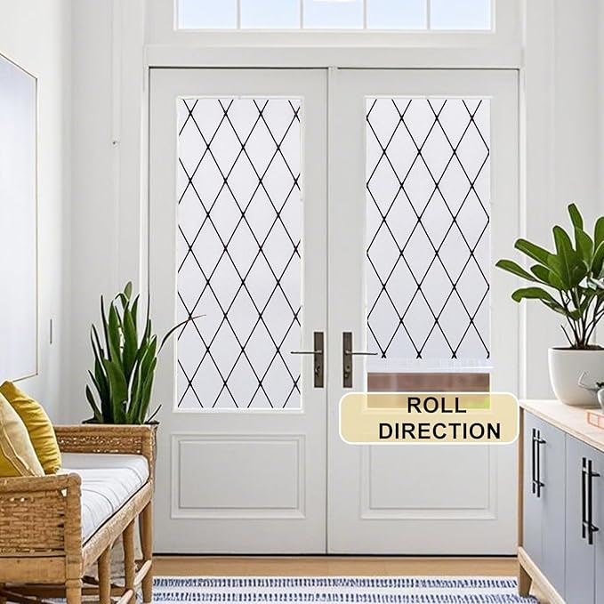 Window Privacy Film Decorative for Front Door, Bathroom Static Cling Stained Glass Sticker Opaque Heat Control UV Blocking Non-Adhesive for Home,Black Grid 17.5 x 78.7 inches