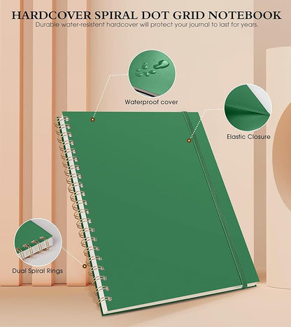 Dotted Notebook, Spiral Notebook Journal 8.5” x 11”, A4 Large Dot Grid Notebooks for Women Men, 100 GSM Dotted Paper, Plastic Hardcover Spiral Bullet Journals for Work School Sketching, Green