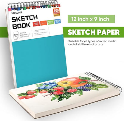 Soucolor School Supplies 9" x 12" Sketch Book for High College Teacher Student, 1-Pack 100 Sheets Spiral Bound Art Sketchbook, Acid Free (68lb/100gsm) Artist Blank Book for Kids, Back to School Stuff